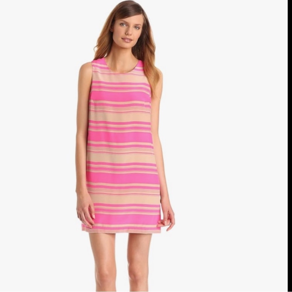 Amanda Uprichard Pink + Tan Striped Silk Lined Shift Dress Small